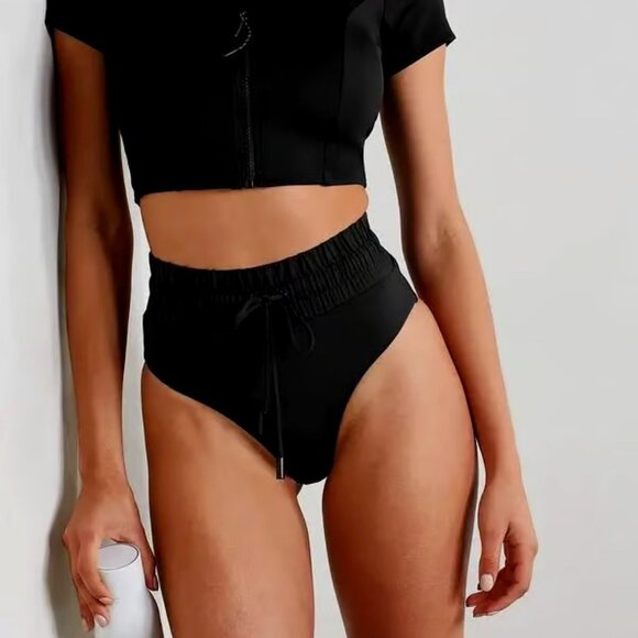 NWT GOOD AMERICAN Waist Framer Drawstring Bikini Briefs Swim Bottoms Black L - Picture 1 of 10